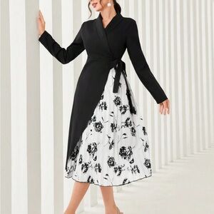 Elegant Black and White Floral Long Sleeve Dress